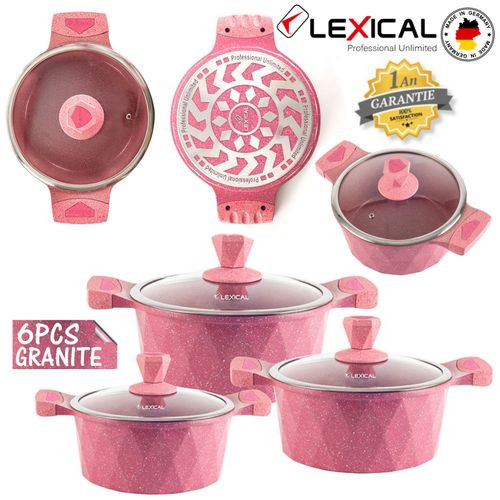 Série 3 Faitouts - Granite - Avec Couvercles En Verre -Rose-Garantie 1an